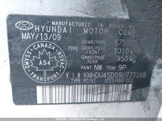 2009 Hyundai Elantra მანქანა იყიდება აუქციონზე, vin: KMHDU45D09U773268, აუქციონის ნომერი: 12537052