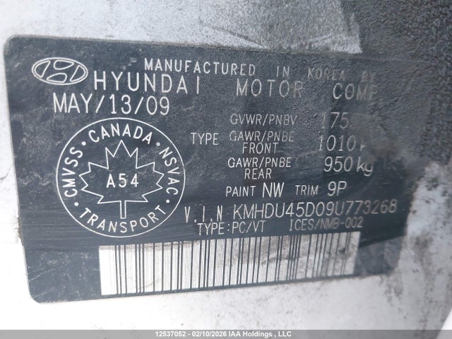 2009 Hyundai Elantra მანქანა იყიდება აუქციონზე, vin: KMHDU45D09U773268, აუქციონის ნომერი: 12537052