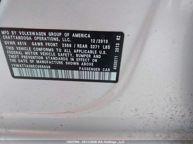 Продажа на аукционе авто 2014 Volkswagen Passat, vin: 1VWAT7A38EC055506, номер лота: 12537054