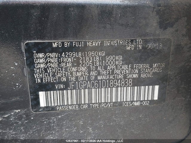 2013 Subaru Impreza 2.0i Touring Package მანქანა იყიდება აუქციონზე, vin: JF1GPAC61D1894838, აუქციონის ნომერი: 12537061