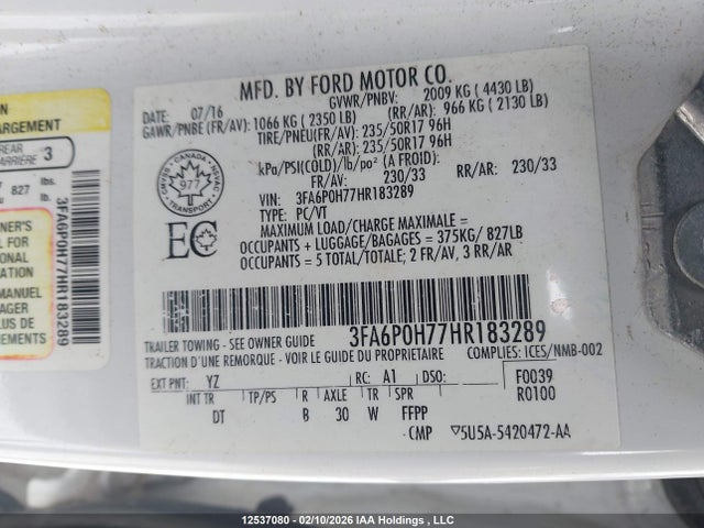 2017 Ford Fusion მანქანა იყიდება აუქციონზე, vin: 3FA6P0H77HR183289, აუქციონის ნომერი: 12537080