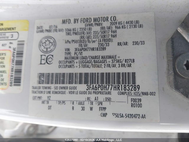 2017 Ford Fusion მანქანა იყიდება აუქციონზე, vin: 3FA6P0H77HR183289, აუქციონის ნომერი: 12537080