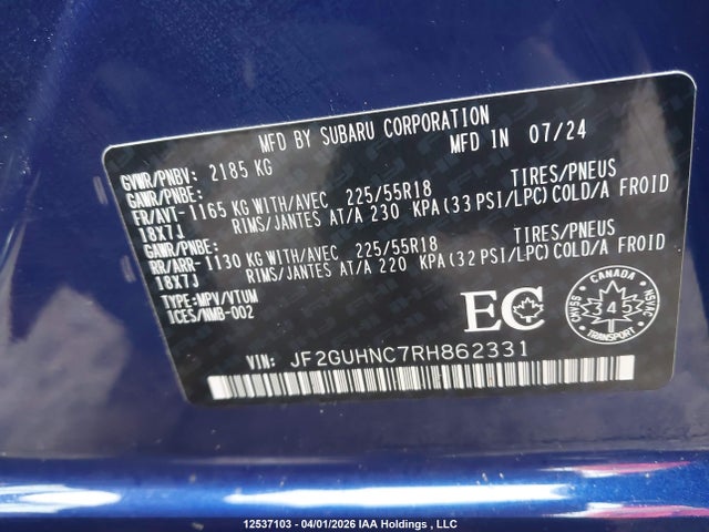 Aukcja sprzedaży 2024 Subaru Crosstrek Limited, vin: JF2GUHNC7RH862331, numer aukcji: 12537103
