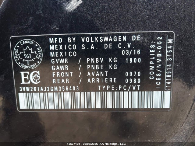 3VW267AJ2GM356493 Volkswagen Jetta 1.4t S
