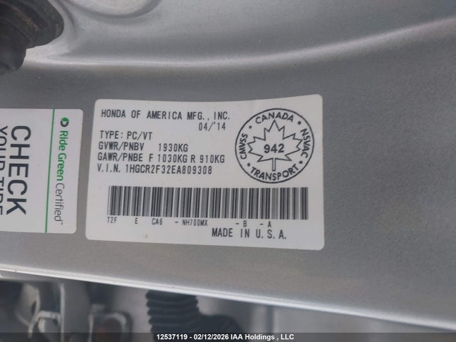 2014 Honda Accord Lx მანქანა იყიდება აუქციონზე, vin: 1HGCR2F32EA809308, აუქციონის ნომერი: 12537119