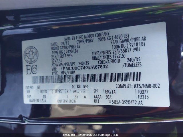 Ford ESCAPE SE 2016 1FMCU0G74GUA87632 Image 9