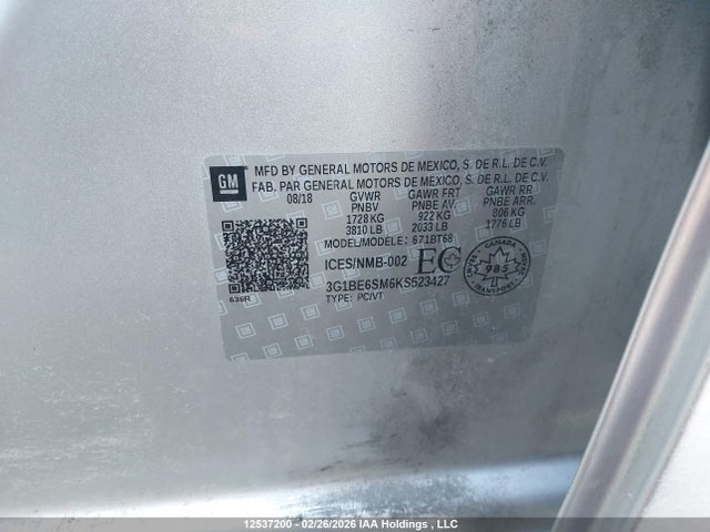 3G1BE6SM6KS523427 Chevrolet CRUZE LT