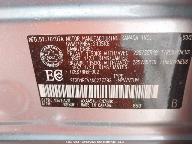 Продажа на аукционе авто 2022 Toyota Rav4 Limited, vin: 2T3D1RFV4NC277793, номер лота: 12537213
