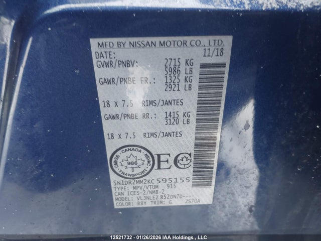5N1DR2MM2KC595155 Nissan Pathfinder Platinum/s/sl Premium/sv Tech