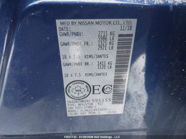 5N1DR2MM2KC595155 Nissan Pathfinder Platinum/s/sl Premium/sv Tech