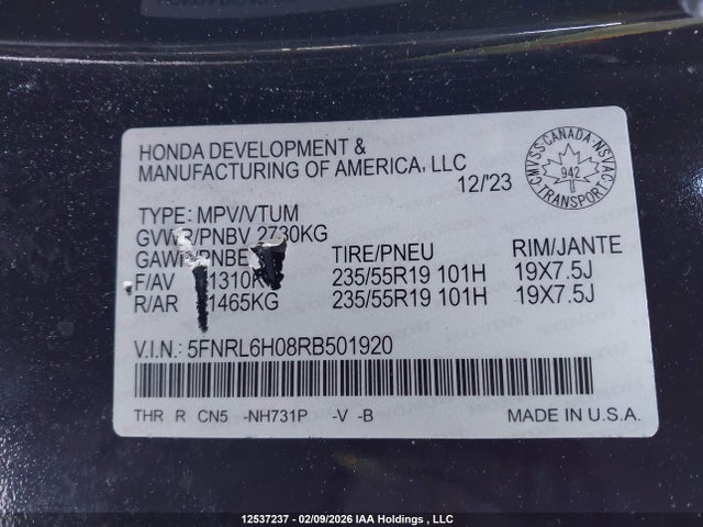 Aukcja sprzedaży 2024 Honda Odyssey, vin: 5FNRL6H08RB501920, numer aukcji: 12537237