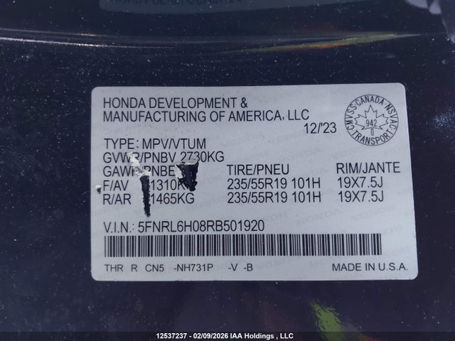 Aukcja sprzedaży 2024 Honda Odyssey, vin: 5FNRL6H08RB501920, numer aukcji: 12537237