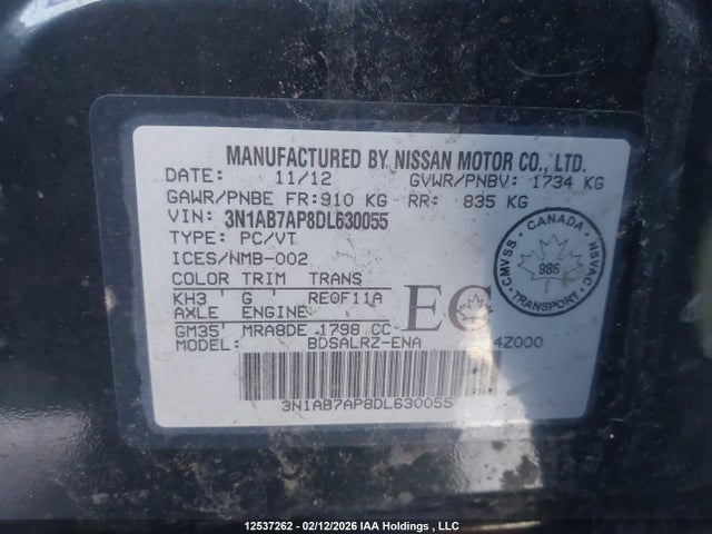 12537262 :رقم المزاد ، 3N1AB7AP8DL630055 vin ، 2013 Nissan Sentra S/sv/sr/sl مزاد بيع