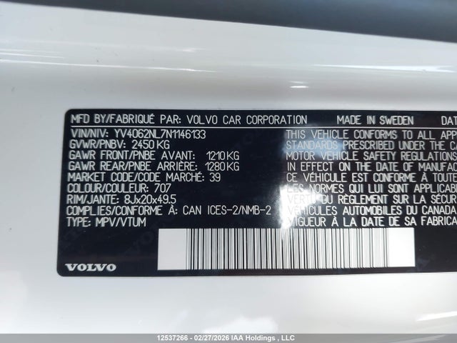 Aukcja sprzedaży 2022 Volvo V90 Cross Country B6, vin: YV4062NL7N1146133, numer aukcji: 12537266