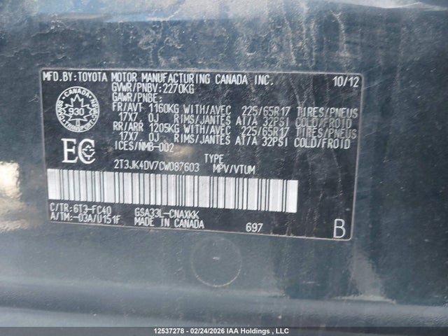 Aukcja sprzedaży 2012 Toyota Rav4 Base V6, vin: 2T3JK4DV7CW087603, numer aukcji: 12537278