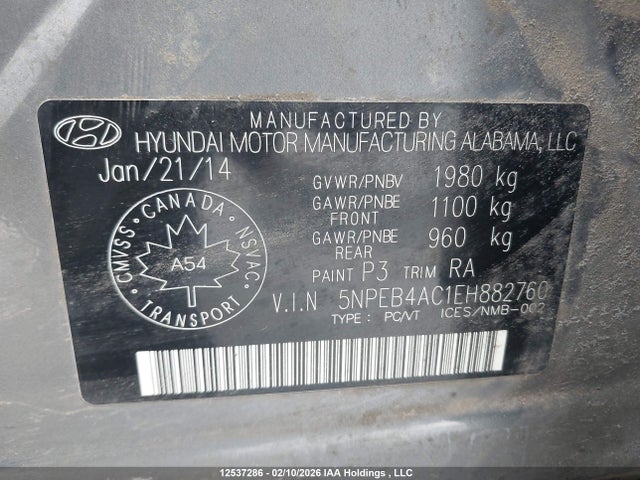 5NPEB4AC1EH882760 Hyundai Sonata