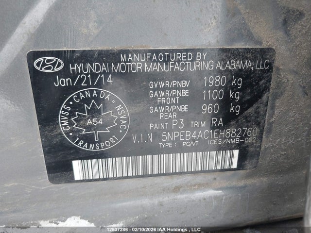 5NPEB4AC1EH882760 Hyundai Sonata