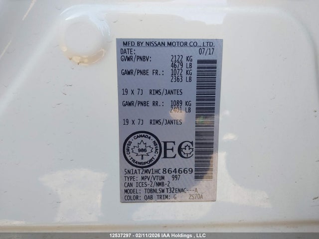 5N1AT2MV1HC864669 Nissan Rogue Sv/sl