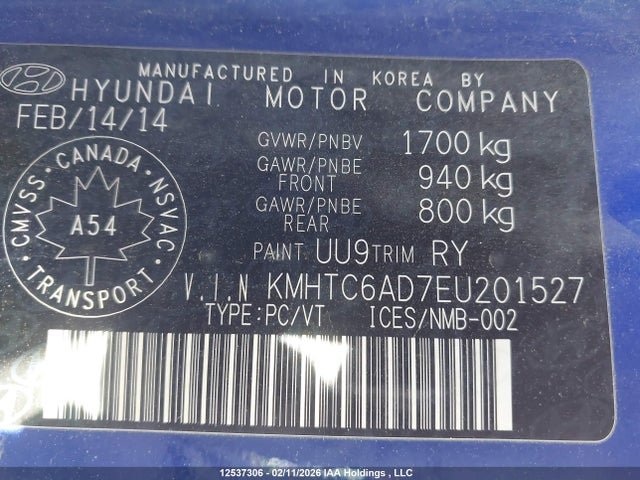 12537306 :رقم المزاد ، KMHTC6AD7EU201527 vin ، 2014 Hyundai Veloster مزاد بيع