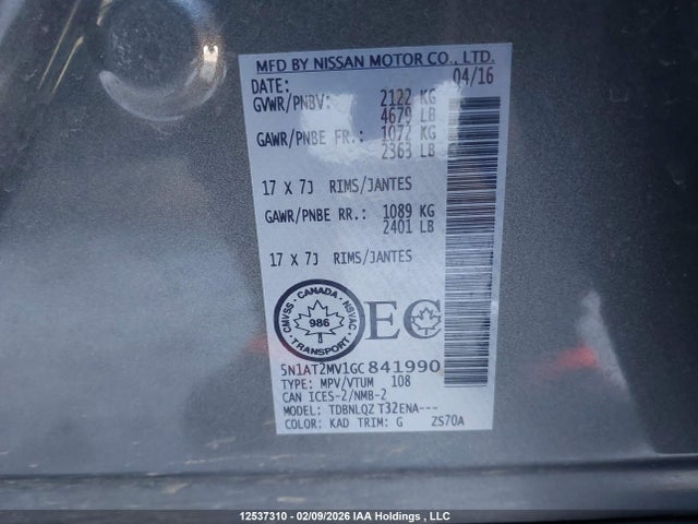 5N1AT2MV1GC841990 Nissan Rogue S/sl Premium/sv