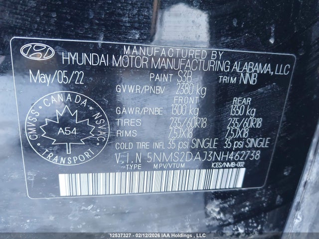 12537327 :رقم المزاد ، 5NMS2DAJ3NH462738 vin ، 2022 Hyundai Santa Fe Essential Awd مزاد بيع