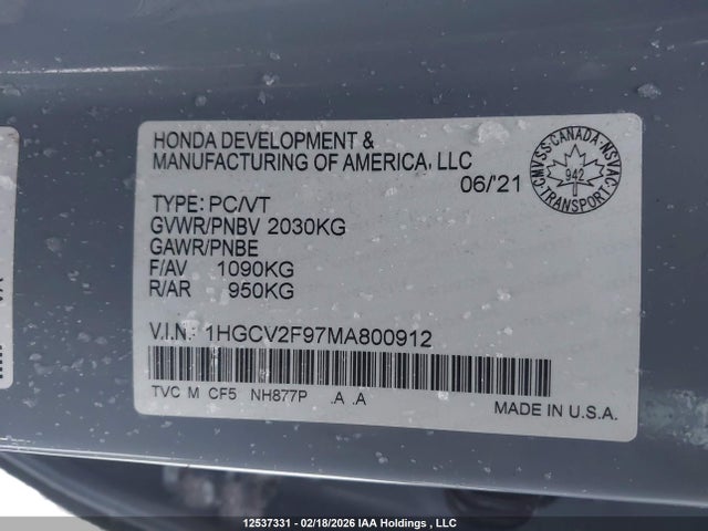 2021 Honda Accord Touring 2.0t მანქანა იყიდება აუქციონზე, vin: 1HGCV2F97MA800912, აუქციონის ნომერი: 12537331