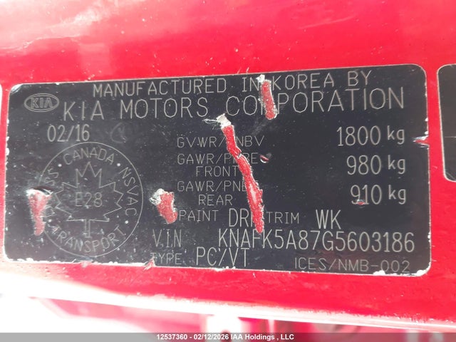 KNAFK5A87G5603186 KIA Forte 2.0l Ex/2.0l Lx+