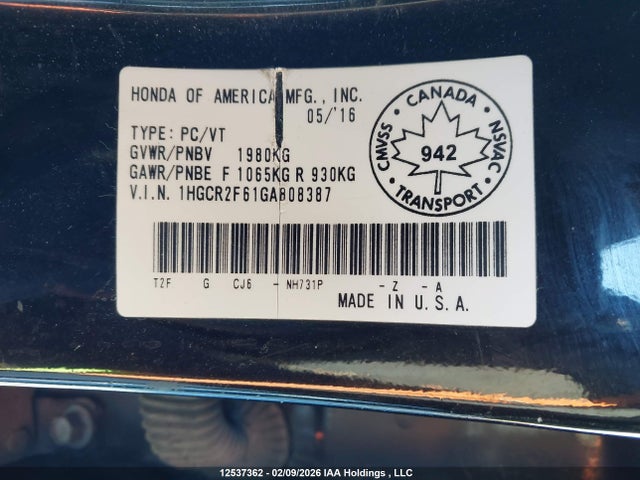 1HGCR2F61GA808387 Honda Accord Sport