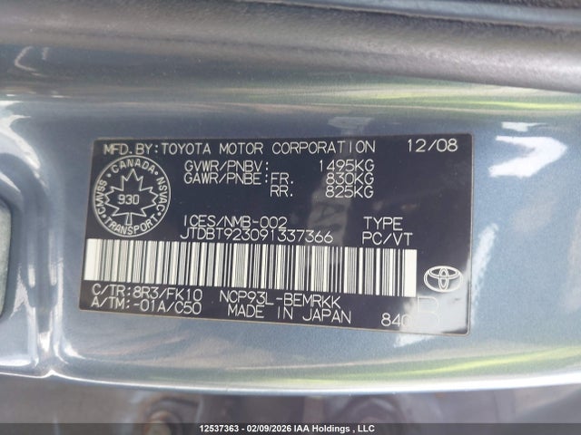 2009 Toyota Yaris მანქანა იყიდება აუქციონზე, vin: JTDBT923091337366, აუქციონის ნომერი: 12537363