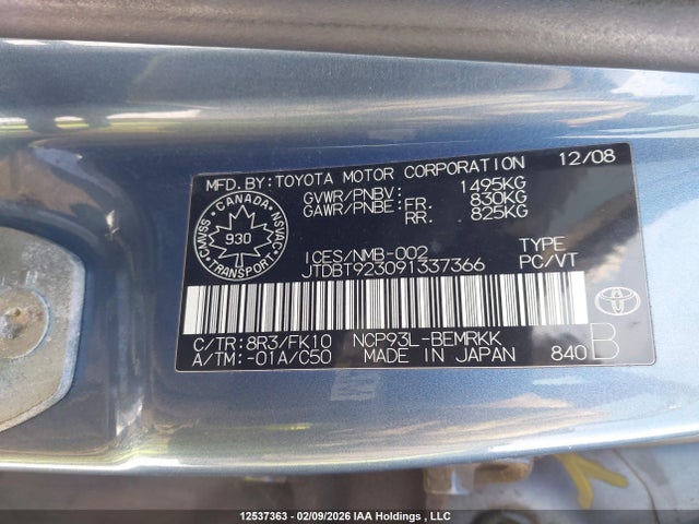2009 Toyota Yaris მანქანა იყიდება აუქციონზე, vin: JTDBT923091337366, აუქციონის ნომერი: 12537363