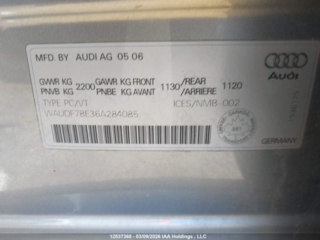 Aukcja sprzedaży 2006 Audi A4 2.0t Quattro, vin: WAUDF78E36A284085, numer aukcji: 12537368