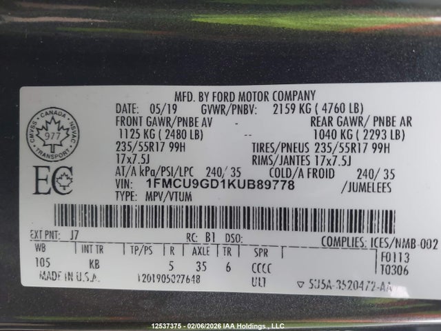 1FMCU9GD1KUB89778 Ford ESCAPE SE