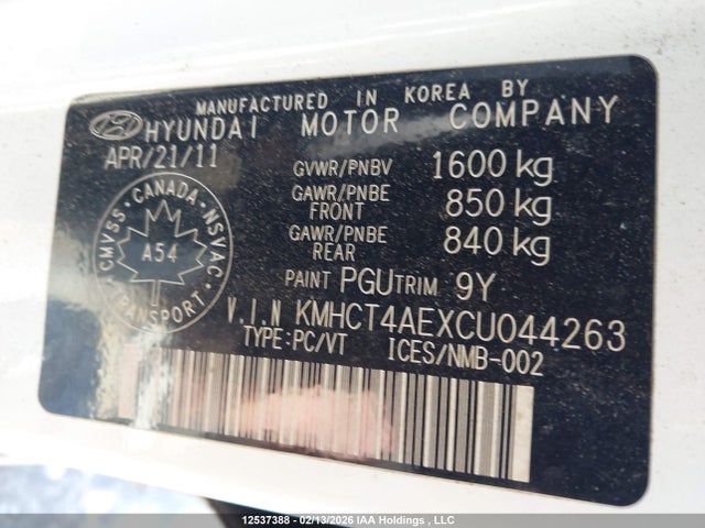 12537388 :رقم المزاد ، KMHCT4AEXCU044263 vin ، 2012 Hyundai Accent Gls/gs مزاد بيع