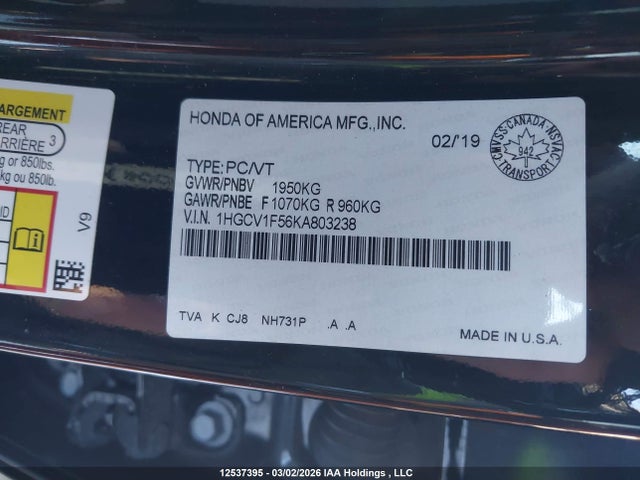 1HGCV1F56KA803238 Honda ACCORD EXL