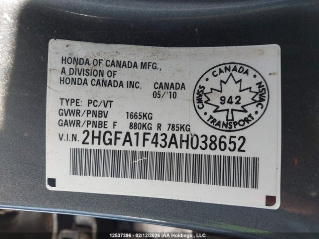 Aukcja sprzedaży 2010 Honda Civic Dx-g, vin: 2HGFA1F43AH038652, numer aukcji: 12537396
