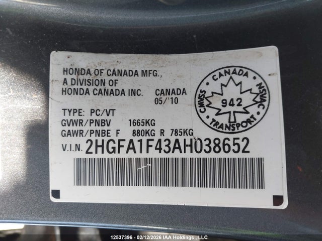 Aukcja sprzedaży 2010 Honda Civic Dx-g, vin: 2HGFA1F43AH038652, numer aukcji: 12537396