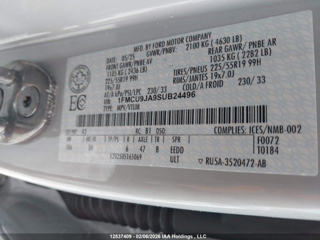 12537409 :رقم المزاد ، 1FMCU9JA9SUB24496 vin ، 2025 Ford Escape Platinum مزاد بيع