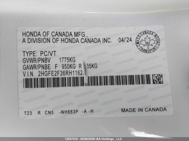 Aukcja sprzedaży 2024 Honda Civic Ex, vin: 2HGFE2F36RH116239, numer aukcji: 12537410
