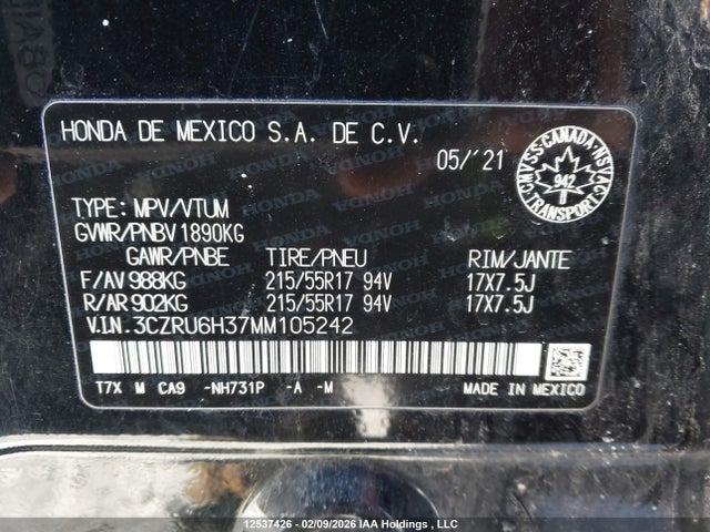 3CZRU6H37MM105242 Honda HR-V LX