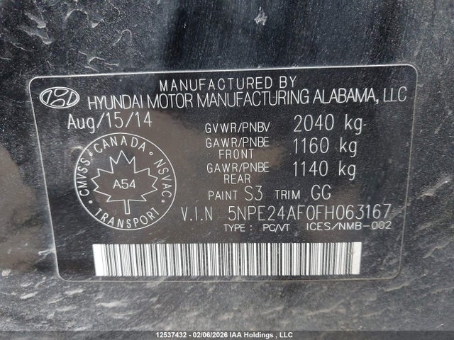 5NPE24AF0FH063167 Hyundai SONATA GL