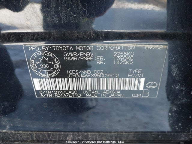 12492267 :رقم المزاد ، JTHDU46FX95009912 vin ، 2009 Lexus Ls 600h مزاد بيع