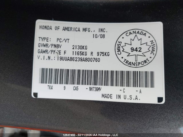 12537450 :رقم المزاد ، 19UUA86239A800760 vin ، 2009 Acura Tl مزاد بيع