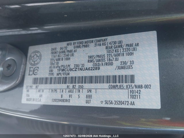 1FMCU9CZ1NUA62289 Ford ESCAPE SEL