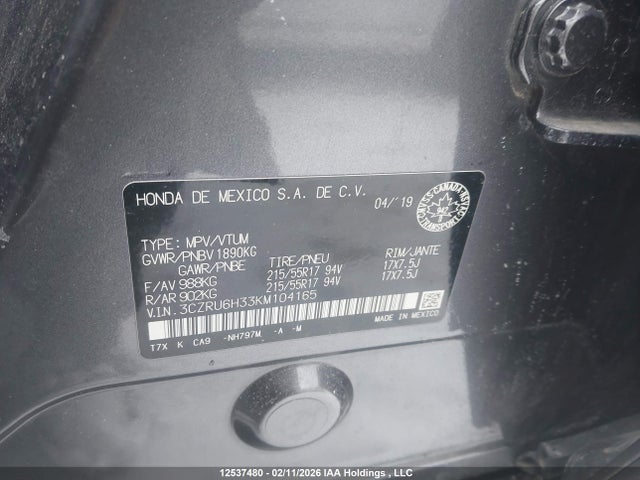 3CZRU6H33KM104165 Honda HR-V LX