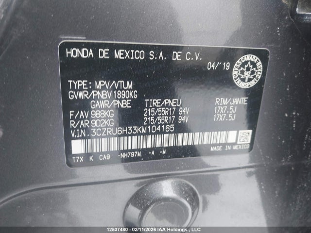 3CZRU6H33KM104165 Honda HR-V LX