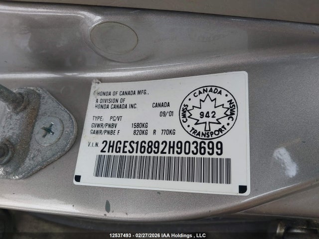 12537493 :رقم المزاد ، 2HGES16892H903699 vin ، 2002 Honda Civic Lx مزاد بيع