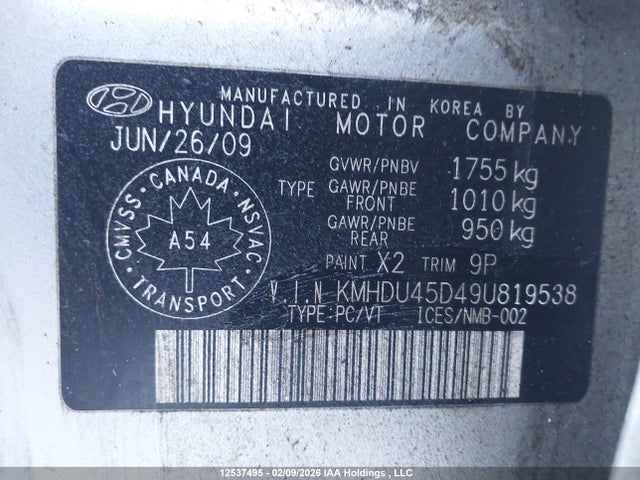 12537495 :رقم المزاد ، KMHDU45D49U819538 vin ، 2009 Hyundai Elantra مزاد بيع