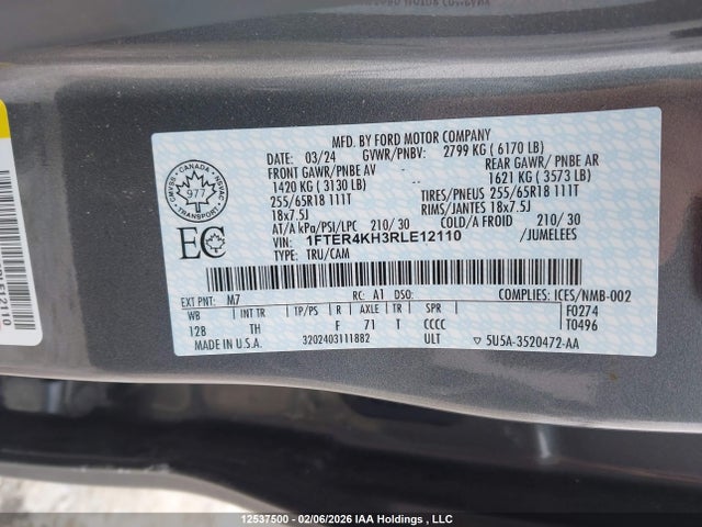 12537500 :رقم المزاد ، 1FTER4KH3RLE12110 vin ، 2024 Ford Ranger Lariat مزاد بيع
