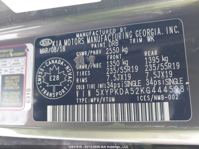5XYPKDA52KG444598 KIA Sorento 3.3l Sx/3.3l Sxl