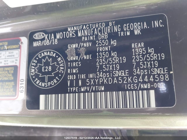 5XYPKDA52KG444598 KIA Sorento 3.3l Sx/3.3l Sxl